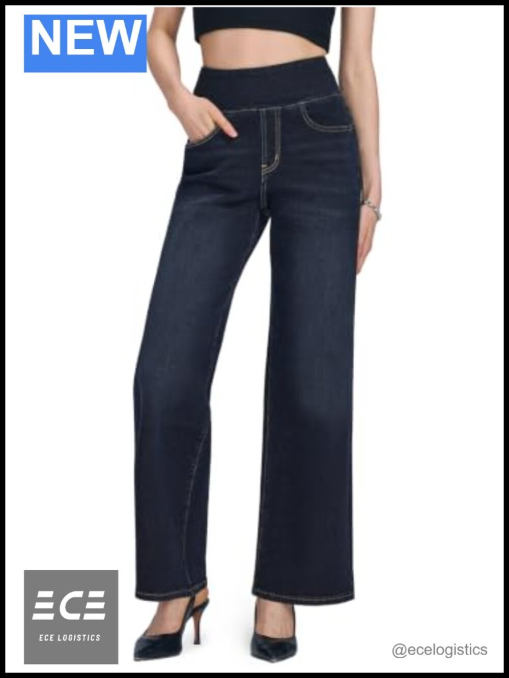 Pull On Wide Leg Jeans High Waisted Stretch Denim Pants Tummy Control